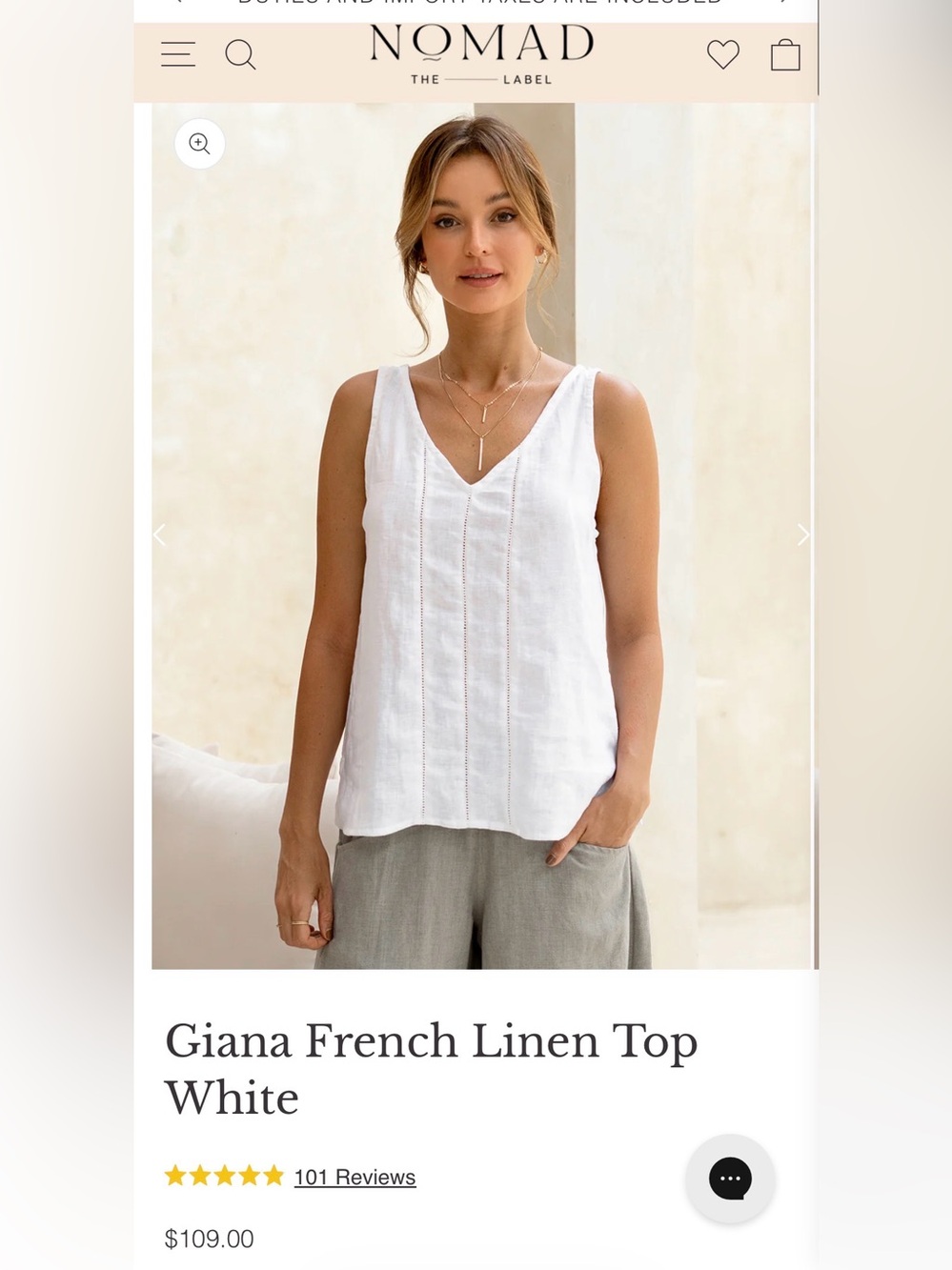 Nomad White Giana French Linen V-Neck Tank